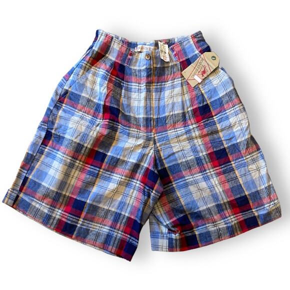 Women Vintage Roo Crossing Red Blue Plaid Linen High Waist Bermuda Shorts Size 8 - Picture 1 of 16